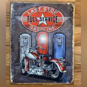 VINTAGE LAST STOP FULL SERVICE GASOLINE METAL DECOR SIGN 16"